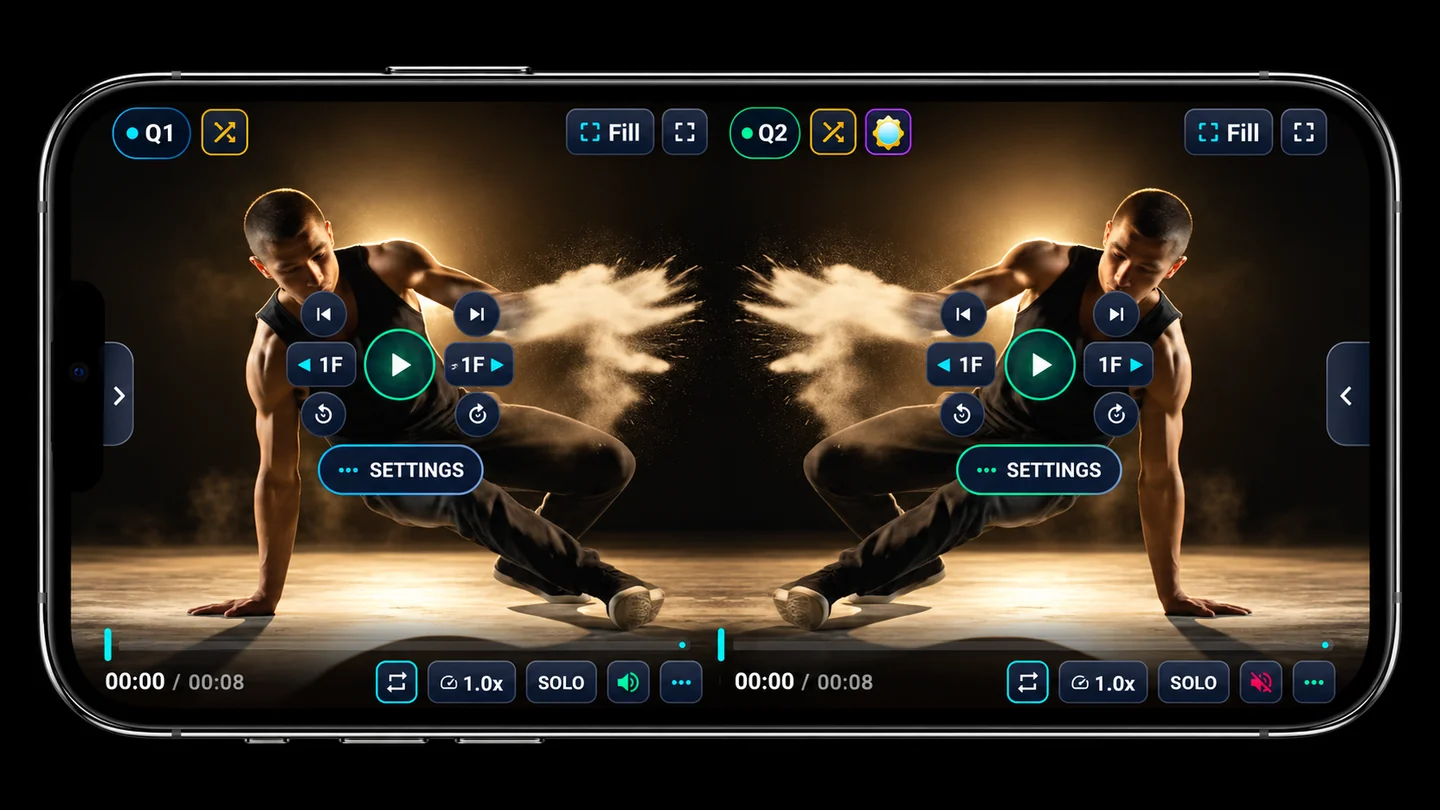 Mirror mode illustration with two breakdance views
