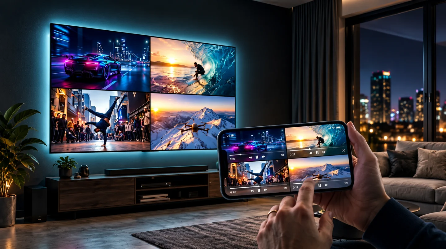 Illustration of a four-video composition on a phone and a TV