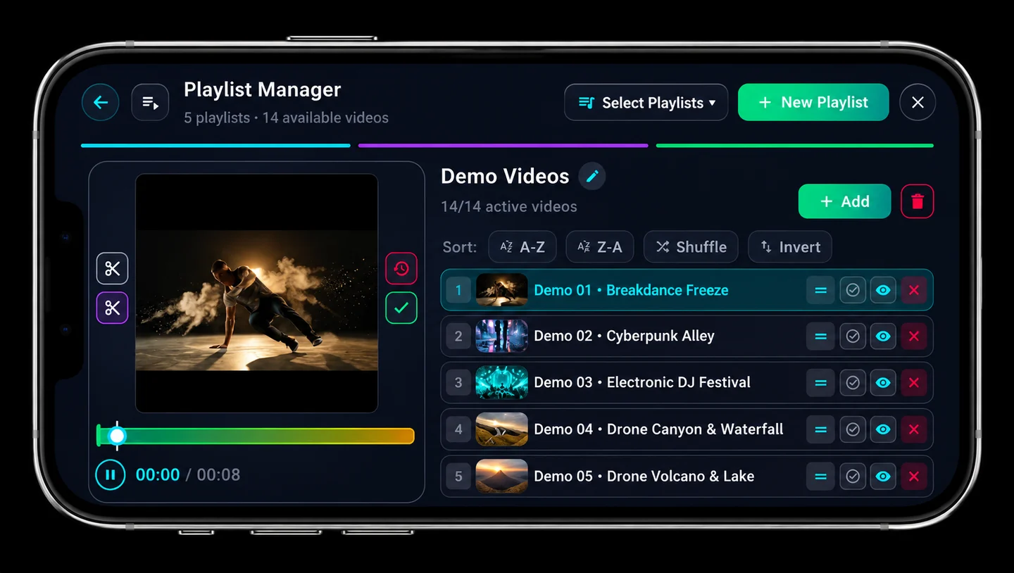 Illustration of the playlist manager with videos, order and preview