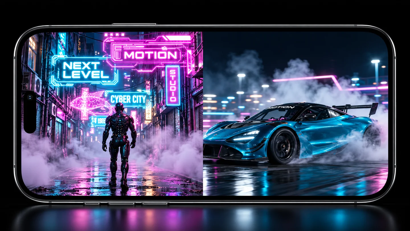 Illustrative view: two independent videos, a neon city and a blue car